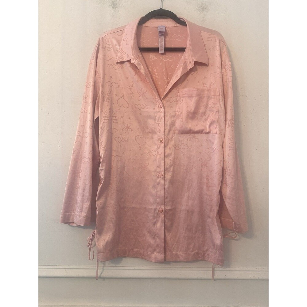 Savage x Fenty Heavenly Satin Sleep Shirt SM Pink Oversized Sexy Lace Up Sides